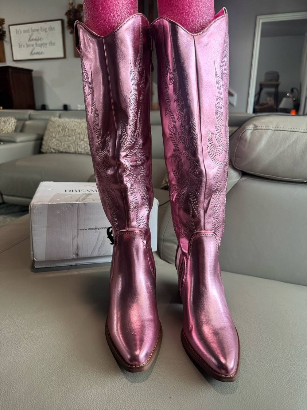 DREAM PAIRS Women’s Metallic Pink Western Cowboy Boots – Knee High